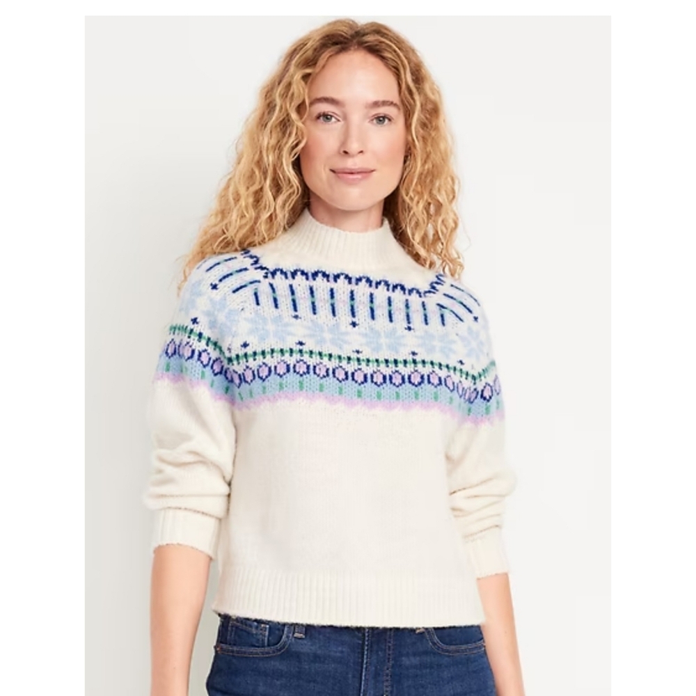 Old Navy Mock Neck Wool Blend Fair Isle Sweater White Size XXL
